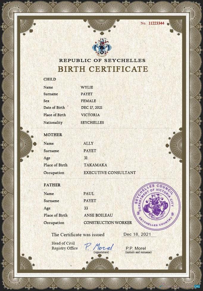 Download Seychelles vital record birth certificate PSD template Photoshop template